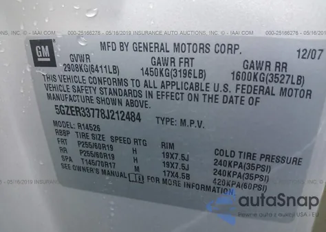 2008 Saturn Outlook Xr from USA, damaged, VIN 5GZER33778J212484